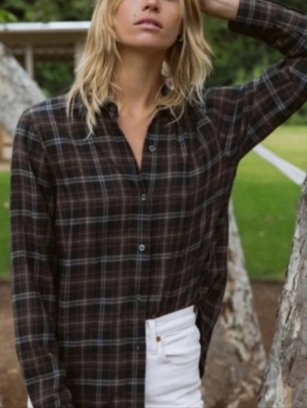 Jenni Kayne Classic Minimalist Flannel Plaid Shirt Long Sleeve Button Up Medium